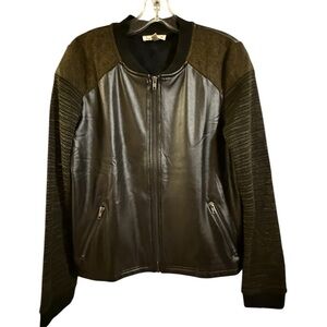 Hem & Thread Black Faux Leather Bomber Jacket with Knit Sleeves